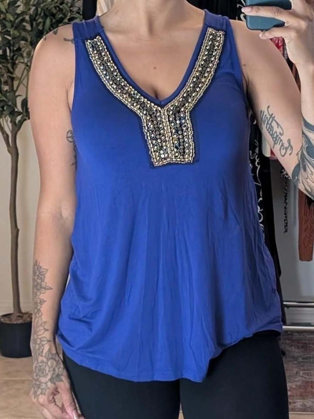 Embellished Royal Blue Sleeveless V-Neck Tank Top